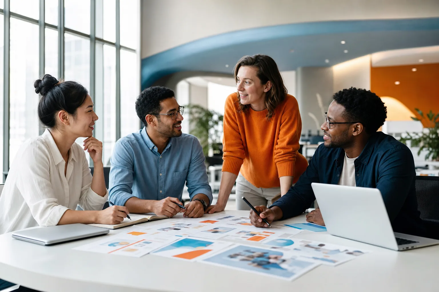 A global corporate team collaborating in a bright office