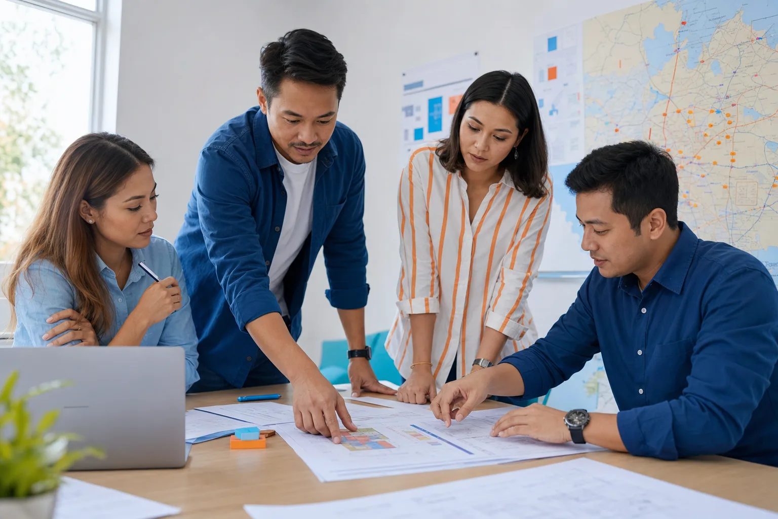 A local corporate team planning regional store operations together