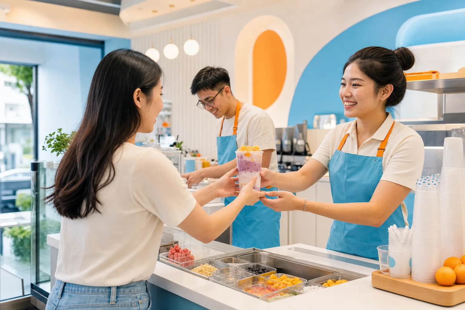 A store team member serving a fresh yogurt drink to a guest